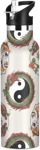 Kids Water Bottle with Straw Leakproof Sports Water Bottle for Boys Girls 20oz, BPA-Free, Orange Tiger Chinese Dragon