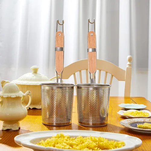 Miniatura 4 de Tessco for you 6 cestas de pasta de acero inoxidable con mango de madera, colador de pasta, colador de malla de cocina, colador de fideos de araña