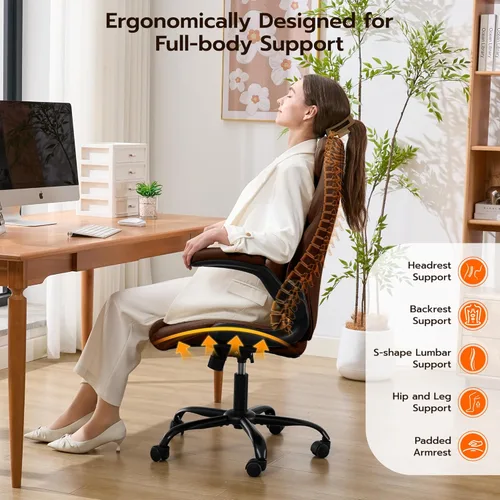Miniatura 5 de Silla de escritorio de oficina, silla ergonómica para computadora con brazos abatibles acolchados y soporte lumbar ajustable, silla ejecutiva