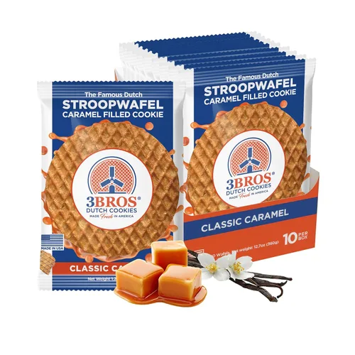 3Bros Stroopwafels, galletas de waffle holandesas rellenas de caramelo, envueltas individualmente, 10 unidades, exterior suave y tostado con relleno