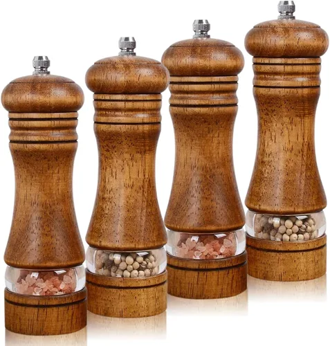 Juego de 4 molinillo de sal y pimienta de madera de 7 pulgadas, molinillo de pimienta manual recargable con núcleos de molienda de cerámica, grosor