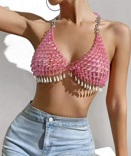 Miniatura 3 de Sujetador de cadena de cuerpo sin espalda halter de perlas sexy para mujer