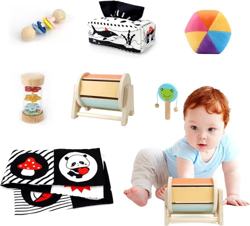 Dulsaera Montessori Toys 7 en 1 Juego educativo de aprendizaje juguetes para recién nacidos, bola de arcoíris, libros blancos y negros para bebés,