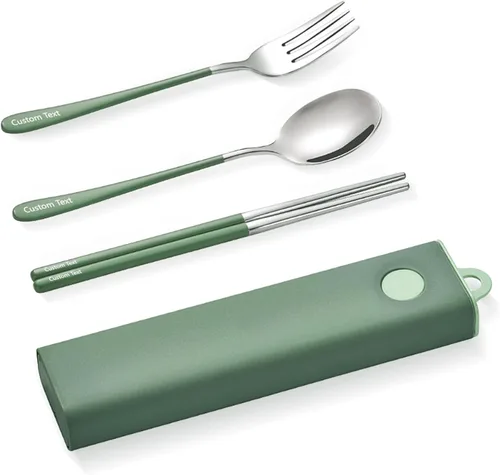 Miniatura 12 de Muka Juego de 3 utensilios portátiles personalizados, palillos de acero inoxidable, tenedor, cuchara de viaje con logotipo personalizado y nombre