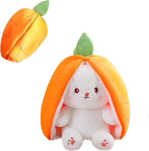 Miniatura 9 de Almohada de peluche de conejo, reversible, zanahoria y fresa, animal de peluche con cremallera, bonita decoración de conejo para niños y adultos