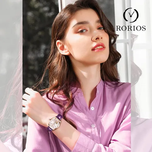 Miniatura 2 de RORIOS Reloj mecánico automático para mujer, reloj automático con correa de piel, luminoso, para mujer