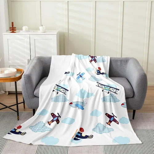 Miniatura 26 de Castle Fairy Manta de forro polar Sherpa con estampado de aviones para niños, manta de franela de dibujos animados para sofá, avión, azul y blanco