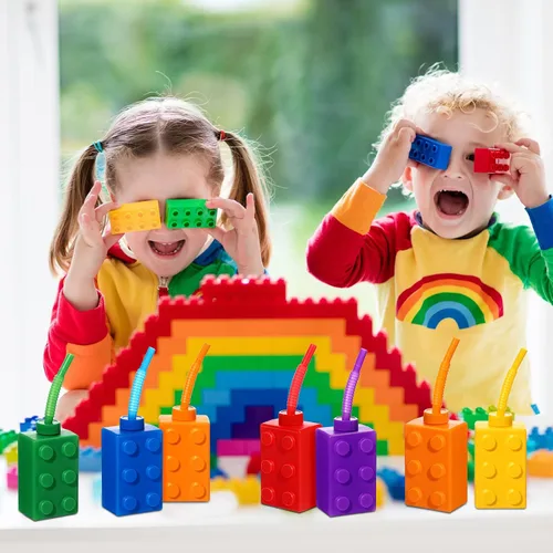 Miniatura 4 de Sawysine Juego de 24 vasos de bloques de construcción de 10 onzas, bloques reutilizables para fiestas, vasos de plástico de ladrillo
