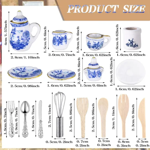 Miniatura 3 de Zhanmai Juego de 47 tazas de té de porcelana en miniatura, ollas y sartenes de metal incluyen 16 mini platos de muñeca, cuchillo tenedor, cuchara