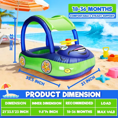 Miniatura 5 de iGeeKid Flotador inflable de piscina para bebé con toldo, asiento de seguridad para bebé, flotadores de natación en forma de automóvil, flotadores