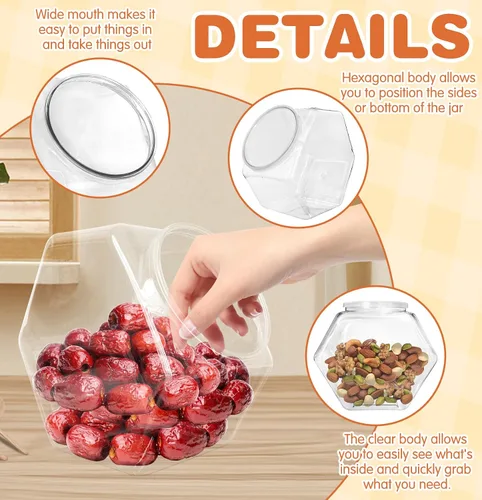 Miniatura 3 de Woozettn 3 tarros de plástico para caramelos, tarros de galletas transparentes de 71 onzas para encimera de cocina, tarros de galletas hexagonales