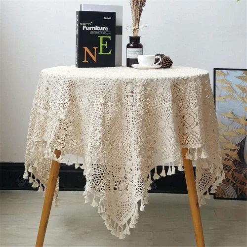 Manteles de Ganchillo Vintage Tapetes de Encaje de Algodón Beige Manteles Cuadrados Cubierta de Mesa Decoración de Mesa para Bodas Hogar Fiestas