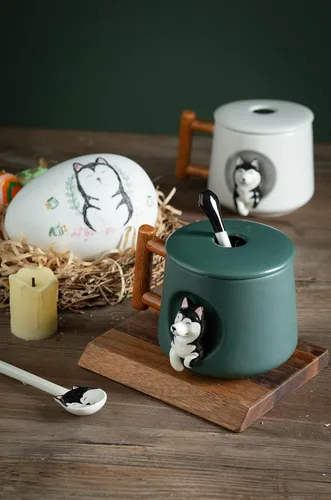 Miniatura 6 de DIHOclub Taza de café de cerámica con tapa y cuchara a juego, taza novedosa 3D con patrón de Husky para té, leche, chocolate, jugo, taza linda