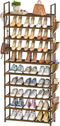 Miniatura 11 de Zapatero Alto de 10 Niveles Organizador de Zapatos de 10 Niveles para Armario, Estante de Zapatos de Metal con Almacenamiento, Torre de Zapatero