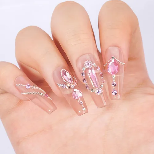 Miniatura 4 de Kit de diamantes de imitación de cristal 3D rosa claro multiformas para uñas, mezcla de 0.031 in, cuentas redondas plateadas para uñas, gemas