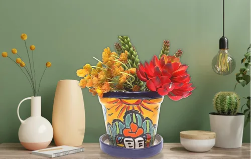 Miniatura 7 de Talavera - Macetas de cerámica mexicana con platillo Rancherito de 4 pulgadas - Cactus - Maceta de cerámica pintada a mano para interiores