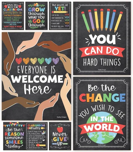Hadley Designs Póster motivacional para decoración de aula, 9 pósteres de aula de mentalidad de crecimiento, decoración de pared inspiradora,