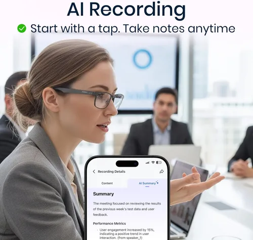 Miniatura 8 de Lentes inteligentes AI con traducción en tiempo real y transcripción de reuniones, marco de titanio, audio Bluetooth de oído abierto, grabación