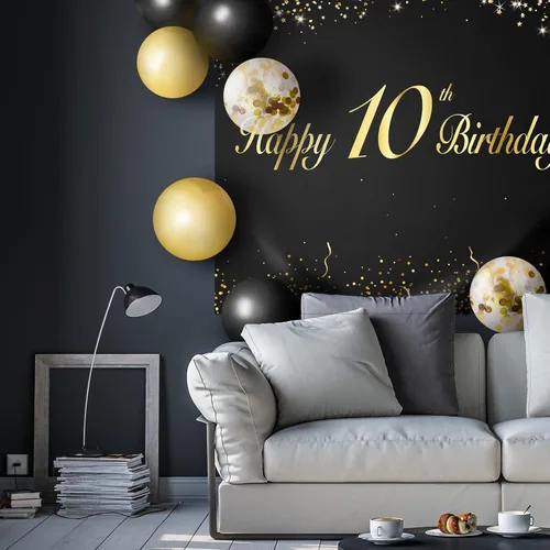 Miniatura 7 de Globos de Feliz 10 Cumpleaños Negros Set Decor - Saludos a la Fiesta de 10 Años de Edad, Guirnalda, Bandera, Telón de Fondo, Decoraciones