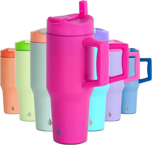 Miniatura 17 de Elemental Vaso de 40 onzas con asa y popote - A prueba de derrames, aislado de acero inoxidable para uso diario - Taza de café de viaje con 2