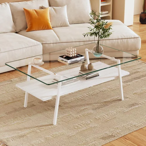Miniatura 4 de Mesa de centro de cristal para sala de estar, mesa de centro de 2 niveles de mediados de siglo, mesa central con parte superior de vidrio templado