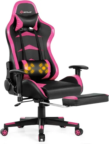 Goplus Silla de juegos de masaje, respaldo reclinable, barandillas y ajuste de altura del asiento, silla de oficina para computadora de carreras,