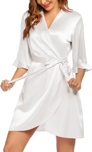 Miniatura 2 de Ekouaer Bata de satén para mujer, lencería de San Valentín para mujer, kimono, bata corta con volantes, cinturón, ropa de dormir para damas de honor