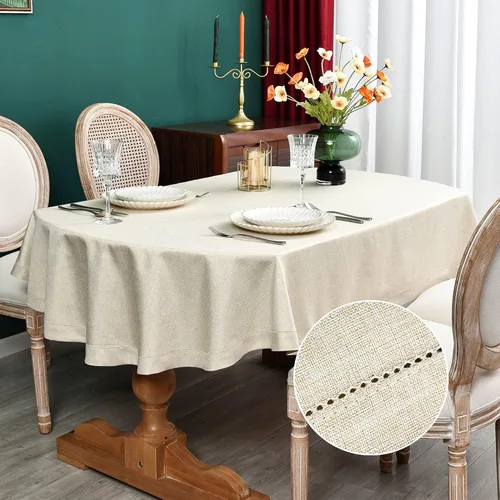 Miniatura 9 de NEWISHER - Mantel rústico con borde de punto de lino falso, ovalado, estilo granja, neutro, de lino, para comedor, cocina, fiesta, hogar, 60 x 84