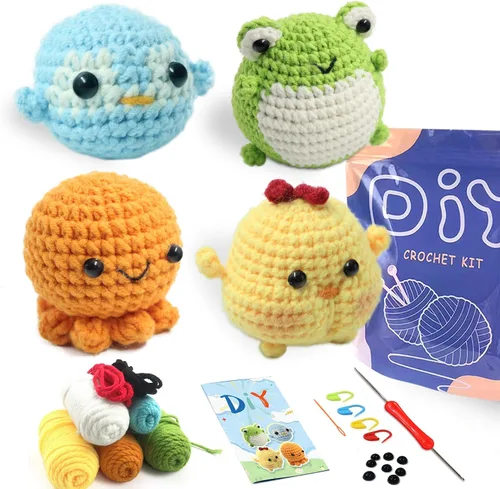 YAMAXIN Kit de Ganchillo para Principiantes Adultos – 4PCS Kit de Inicio de Amigurumi de Animales de Ganchillo con Hilo, Ganchos, Herramientas y