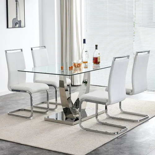 Miniatura 13 de Juego de mesa de comedor de cristal moderno para 4 personas con tapa rectangular de vidrio y 4 sillas de comedor negras de piel sintética, mesa