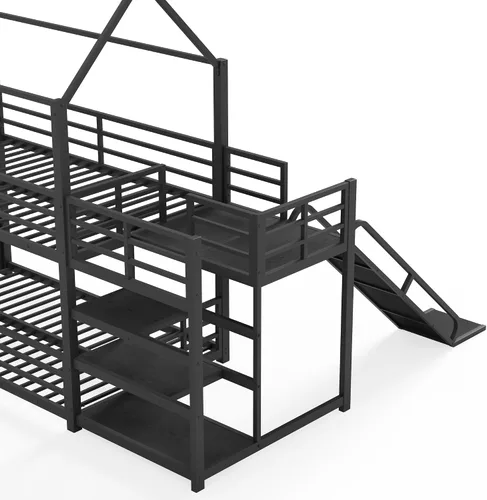 Miniatura 7 de Bellemave Literas de metal de tamaño individual sobre individual con tobogán y escaleras de almacenamiento, litera de piso con barandilla