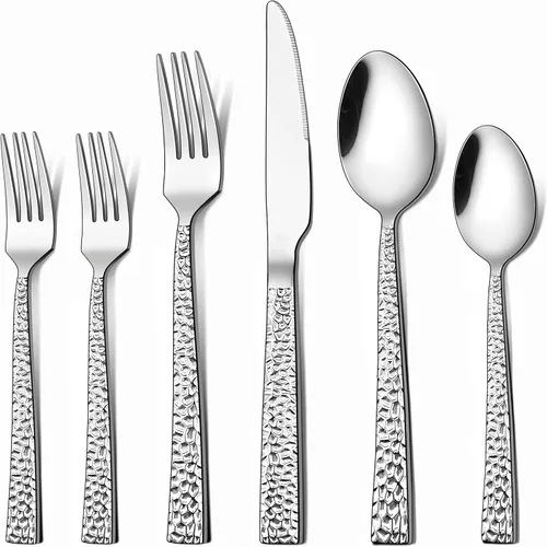 LIANYU Juego de cubiertos martillados de 24 piezas con tenedores de ensalada adicionales, cubiertos cuadrados de acero inoxidable para 4, utensilios
