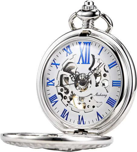 Miniatura 2 de Reloj de bolsillo mecánico antiguo para hombre y mujer, esqueleto plateado, tren de vapor, ferrocarril, números romanos, plateado, Mecánico