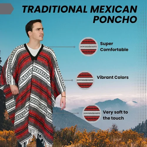 Miniatura 22 de Artisans Bazaar Poncho tradicional mexicano de Baja para hombres y mujeres, auténtico sarape de Gaban, manta de vaquero Pancho Jorongo