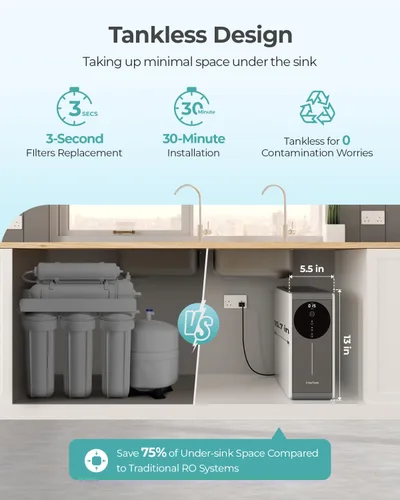 Miniatura 4 de Sistema de ósmosis inversa sin tanque 600GPD Certificado NSF, Sistema de filtración de agua RO bajo el fregadero, reducción de TDS de 500 a 20