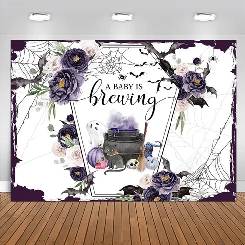 Mocsicka Telón de fondo de Halloween para baby shower con texto en inglés "A Baby is Brewing Baby Shower Party Decoartion Ataúd Ataúd Vampiro