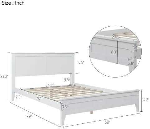 Miniatura 2 de Majnesvon Cama de plataforma de tamaño matrimonial con cabecera y estribo, cama de plataforma de madera maciza blanca de estilo conciso tradicional