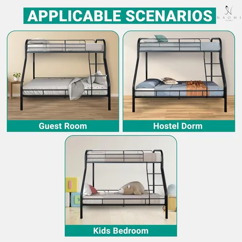 Miniatura 8 de Naomi Home Litera de metal individual sobre tamaño matrimonial con barandillas de seguridad, capacidad de 800 libras, escalera en ángulo, Negro