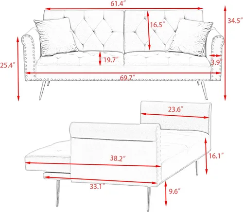 Miniatura 2 de Sofá cama tapizado de terciopelo, sofá cama convertible con dos almohadas para sala de estar, dormitorio, oficina en casa (beige)