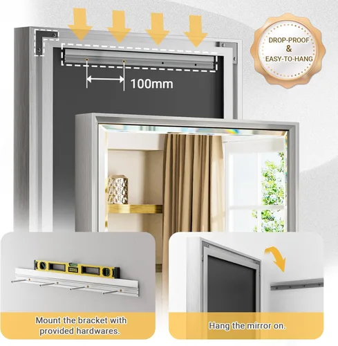 Miniatura 5 de Espejo de baño plateado de 40 x 30 pulgadas, espejo grande de tocador de baño plateado biselado, espejo rectangular plateado irrompible, espejo