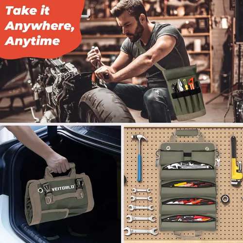 Miniatura 6 de Veitorld - Bolsa enrollable de herramientas resistente con compartimentos desmontables, organizador portátil para electricistas, carpinteros