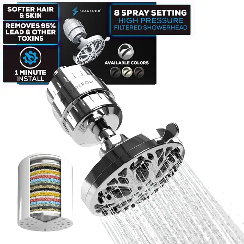SparkPod Cabezal de ducha filtrado con 8 ajustes de pulverización, filtro de agua adecuado para personas con cabello, piel y cuero cabelludo secos,