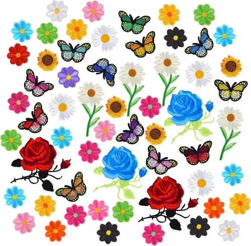Coopay 100 parches de flores y mariposas para planchar o coser, bonitos parches bordados de rosas para ropa, grandes, coloridos, decorativos,