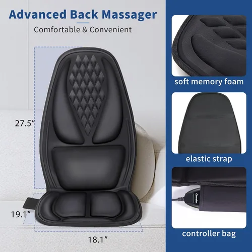 Miniatura 7 de Masajeador de espalda con calor con 8 motores, almohadilla para silla de masaje, masajeador de asiento con tracción trasera para masaje de cuerpo