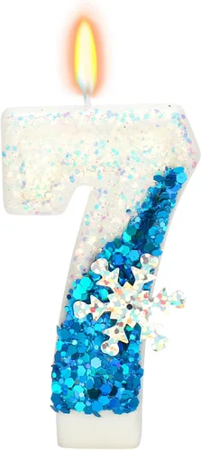 Miniatura 22 de Velas temáticas de cumpleaños de nieve congelada, vela de cumpleaños número 4 para suministros de fiesta, decoración de fiesta de cumpleaños Azul
