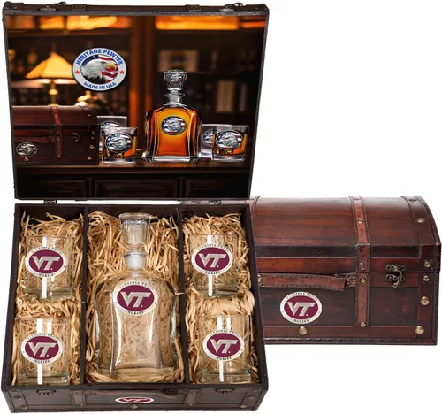 Miniatura 50 de Heritage Pewter Alabama Capitol - Juego de baúl Recipiente de líquido de 24 onzas con 4 vasos de agua Vidrio de peltre elaborado por expertos