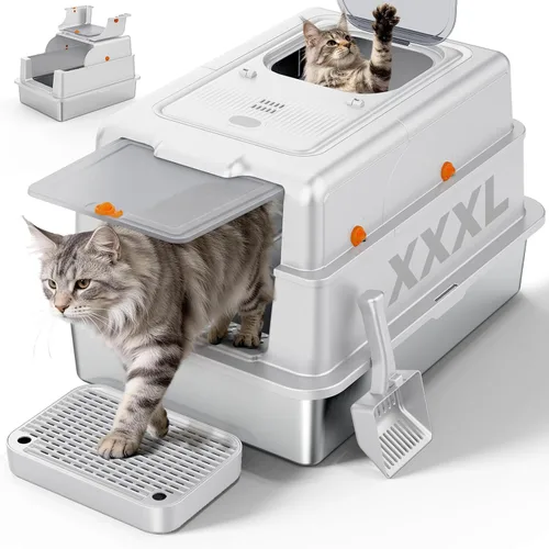 Miniatura 13 de FURTIME Caja de arena de acero inoxidable con tapa, caja de arena cerrada extragrande para gatos grandes, caja de metal para gatos con caja de alta