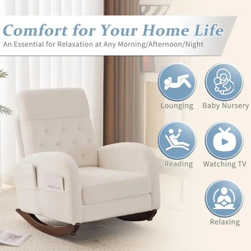 Miniatura 8 de VINGLI Silla de columpio de felpa de estilo teddy con asiento bajo, silla de columpio tapizada en bouclé para cuarto de bebé con bolsillos Forro