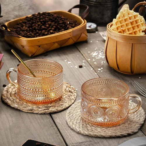 Miniatura 4 de Gezzeny Tazas de café vintage de 14 onzas, juego de 2 tazas de té de vidrio en relieve ámbar para capuchino, café con leche, cereales, yogur