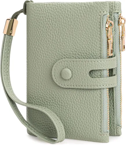 Miniatura 10 de FALAN MULE Cartera pequeña de cuero para mujer, con bloqueo RFID, tarjetero plegable con bolsillos dobles con cremallera, Marrón claro